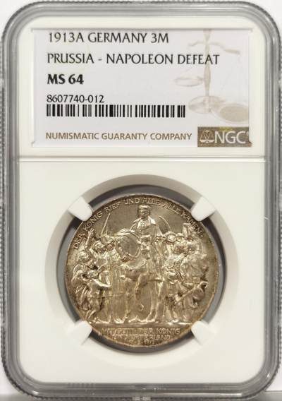 博洋堂“岁启嘉年”2026新年精品大拍专场暨第155期（全场包邮） - NGC MS64 德国普鲁士1913年战胜拿破仑纪念3马克银币 人物细节清晰浮雕银霜饱满