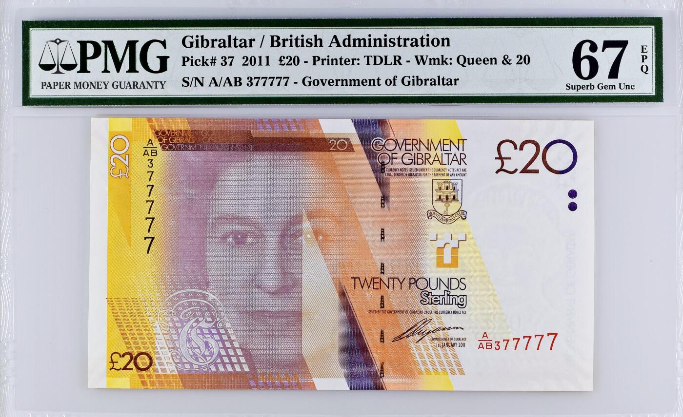 【Blue Auction】世界纸币精拍第771期——18级TOP拍卖/信誉/品质/专业/高效💫 【近全同7 老虎7】直布罗陀 2011年20镑  PMG67EPQ