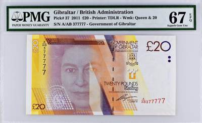【Blue Auction】世界纸币精拍第771期——18级TOP拍卖/信誉/品质/专业/高效💫 - 【近全同7 老虎7】直布罗陀 2011年20镑  PMG67EPQ