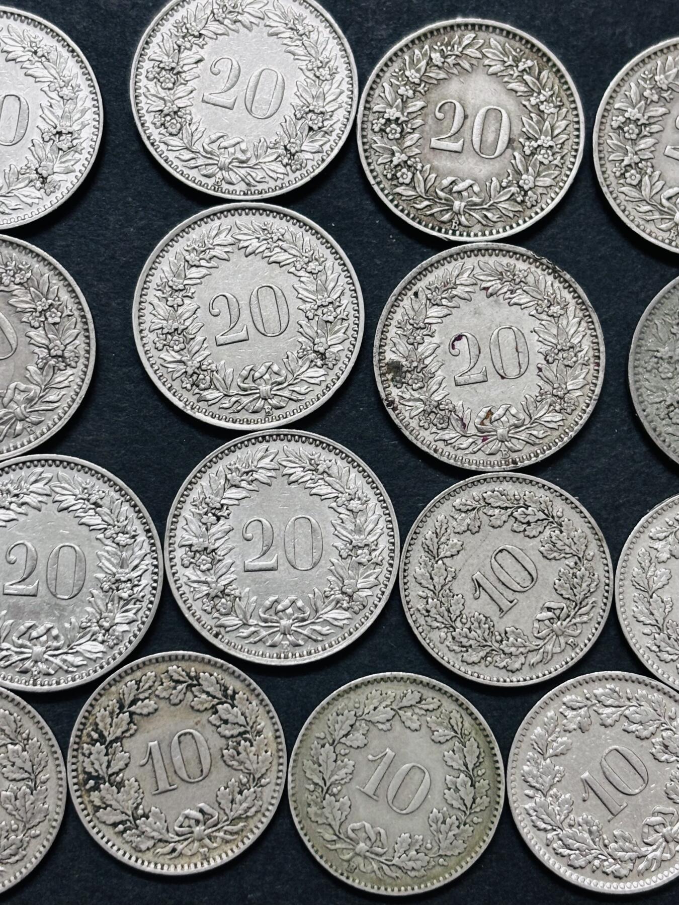 文馨钱币收藏 迎新纳福2026新年第一场（第 287 场）金银老铜币拍卖 少见早期极美品 1920-1939 年瑞士 5-10-20 生丁 21 枚，对应民国 9 年---18 年时期，所见美品网上也要小几十一枚