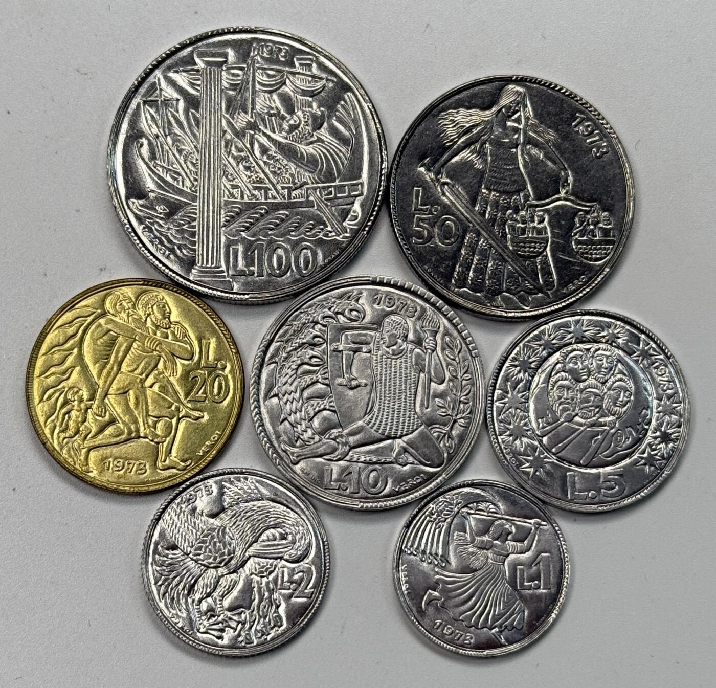 S&S Numismatic世界钱币-拍卖 第117期  圣马力诺1973年 1里拉-100里拉 7枚套币