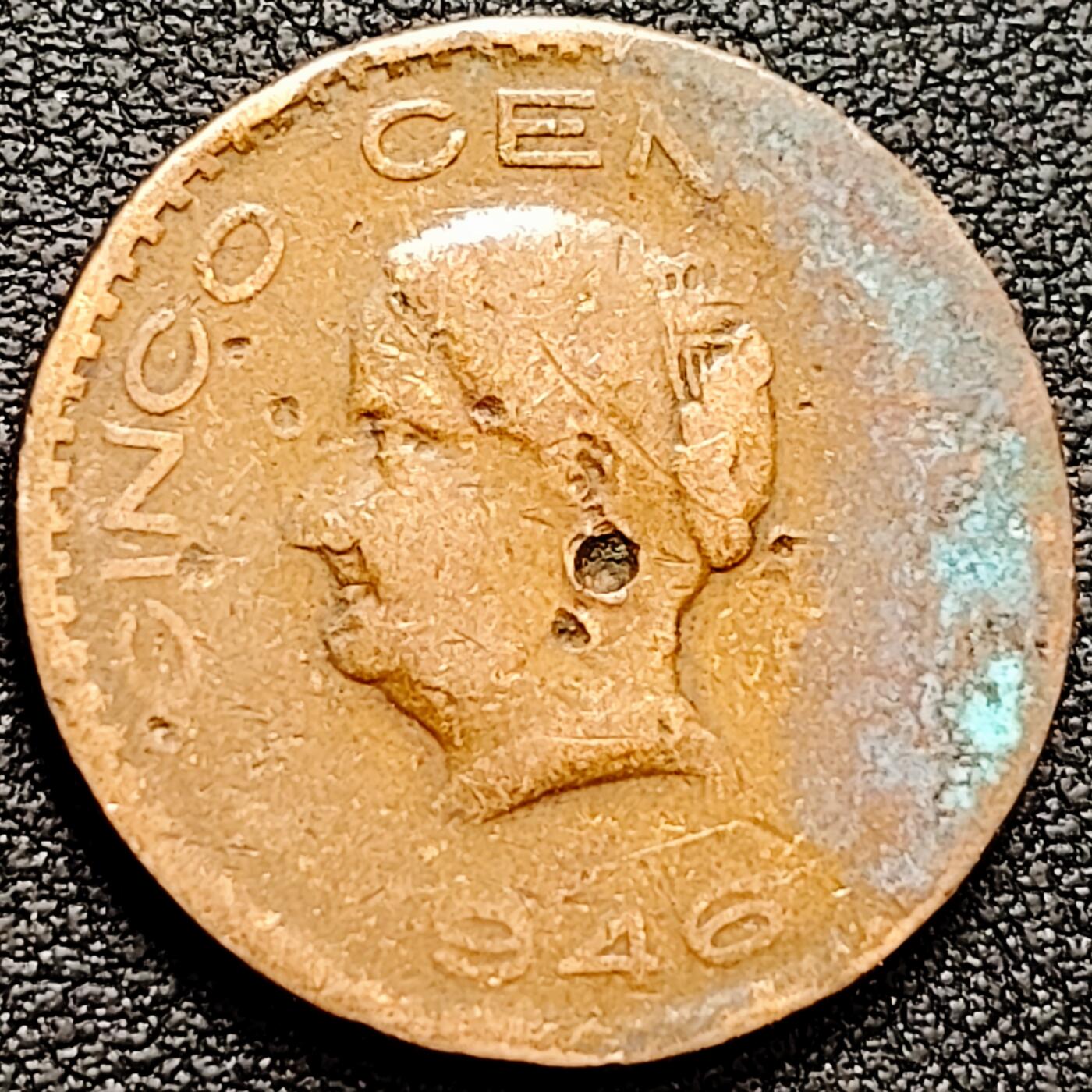 泉币菌-第160场-新年第三场 精品福利场 品相如图 二战期间 墨西哥5分青铜币 1945年 老鹰 直径25.5mm 