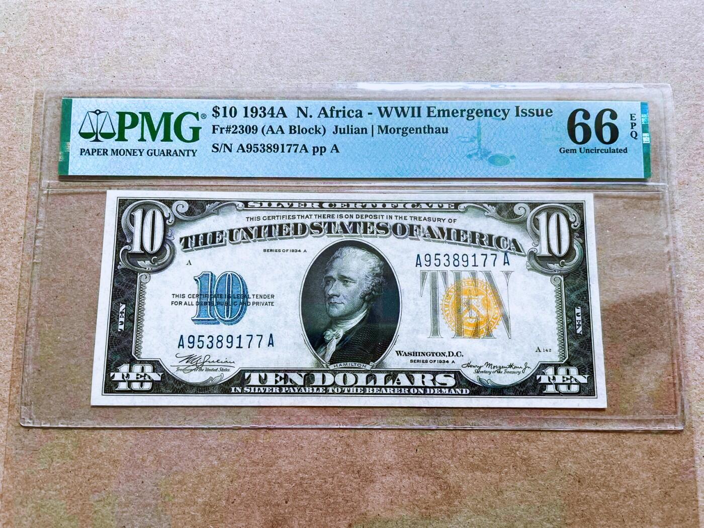 【Blue Auction】世界纸币精拍第771期——18级TOP拍卖/信誉/品质/专业/高效💫 【AA冠 亚军分少见 3509张评级中仅18张更高分 非常难得的品相】美国 1934年10美金 北非券 PMG66EPQ 此票是专门供二战时期驻欧洲和北非美军及盟国使用的美元钞票