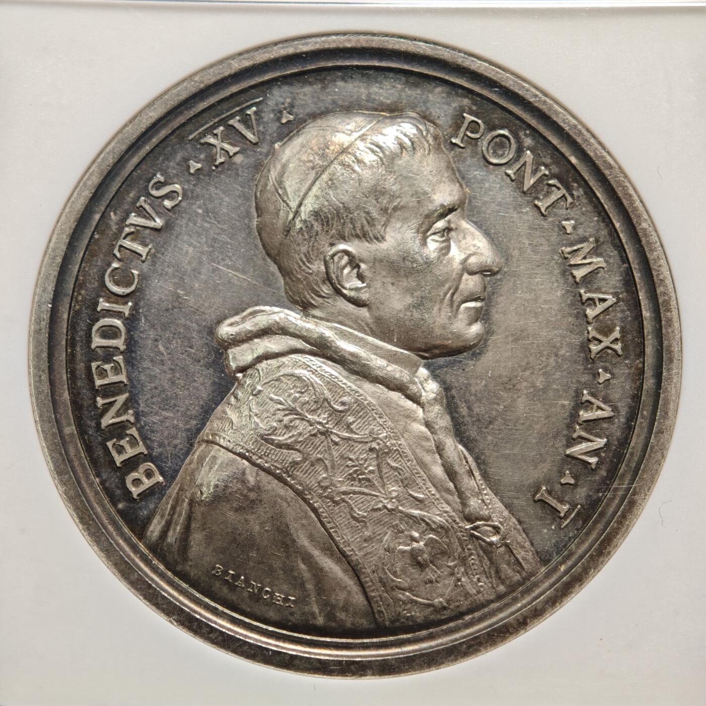 【德藏】世界币章拍卖第160期 1914年 梵蒂冈本笃十五世教皇宗教选举会议纪念银章 NGC MS62 原味包浆