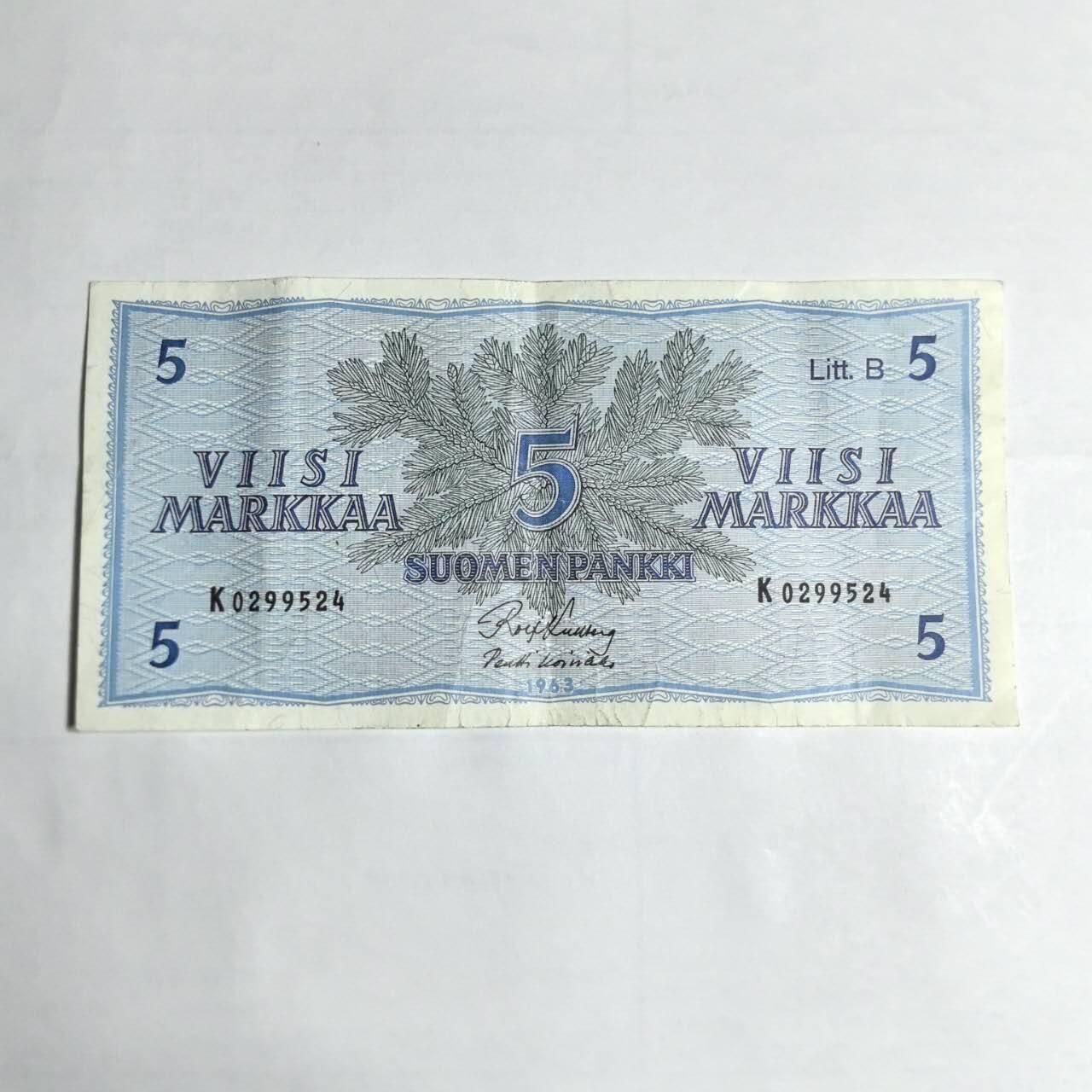 各国外币第106期 无佣金 芬兰5马克尾524（签名3）