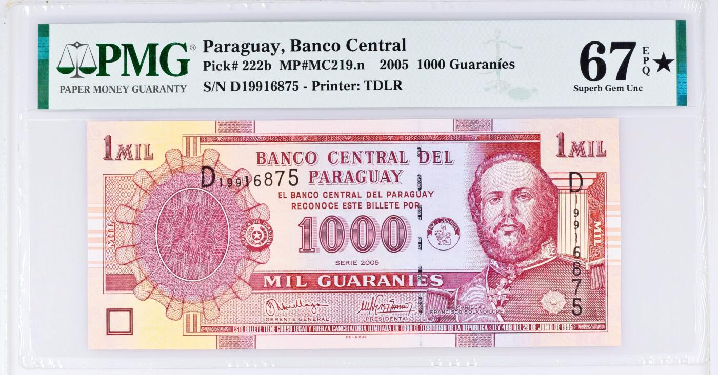 【Blue Auction】世界纸币精拍第771期——18级TOP拍卖/信誉/品质/专业/高效💫 【唯一冠军分】巴拉圭 2005年1000瓜拉尼 PMG67EPQ 星星