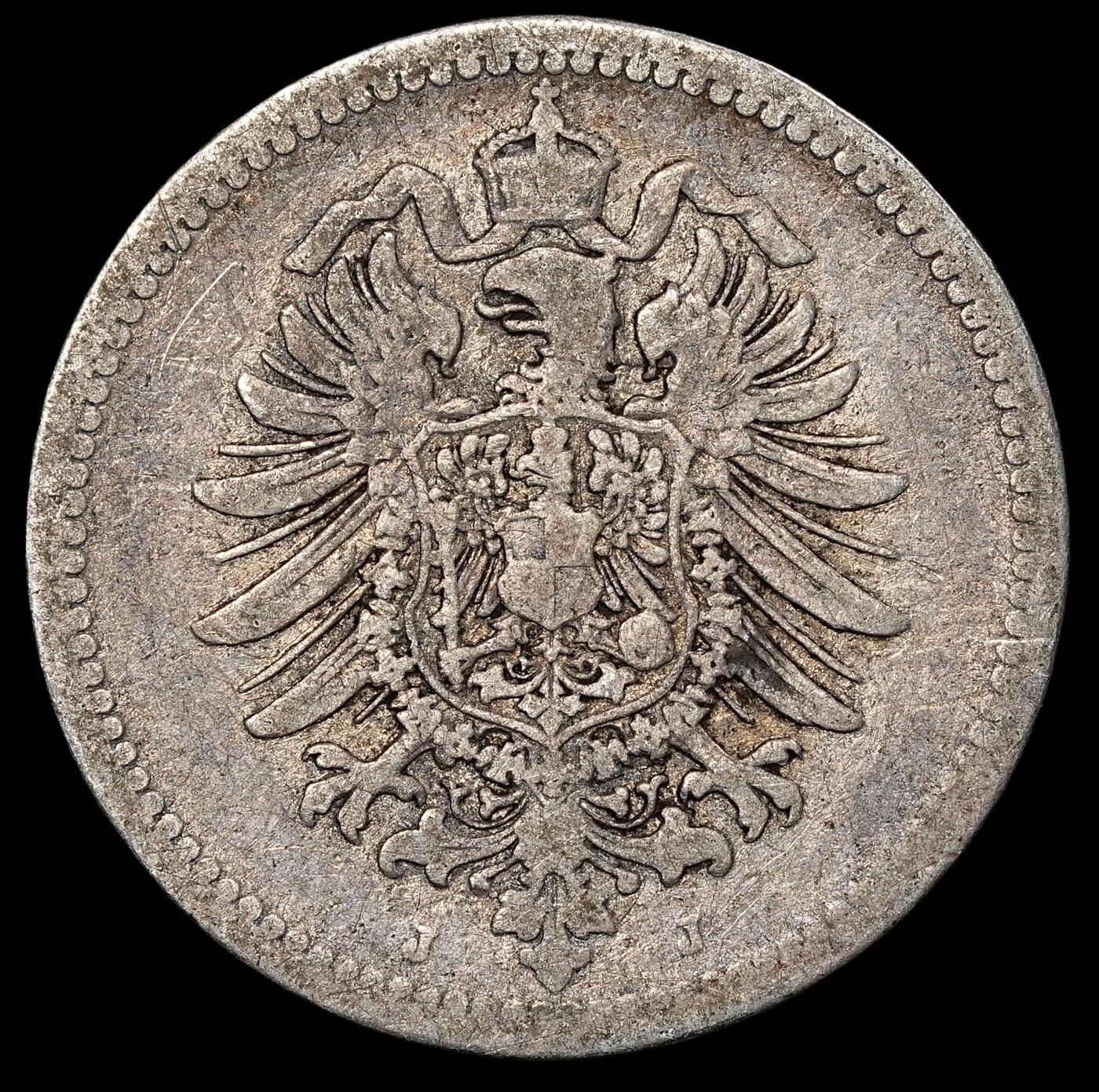 修遠堂世界钱币第一百期 1876年德国50芬尼银币 J厂铭，2.57g，含银90%