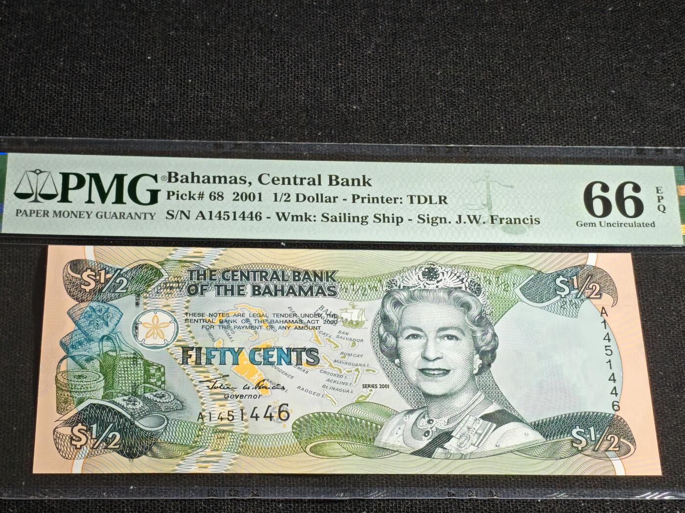 刘世昌艺术品销售中心～虎踞龙蟠*金杨在线联拍群第513期 巴哈马2001年1/2元（PMG 66E 号码：A1451446）1枚。