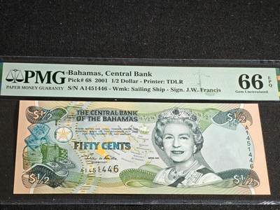 刘世昌艺术品销售中心～虎踞龙蟠*金杨在线联拍群第513期 - 巴哈马2001年1/2元（PMG 66E 号码：A1451446）1枚。