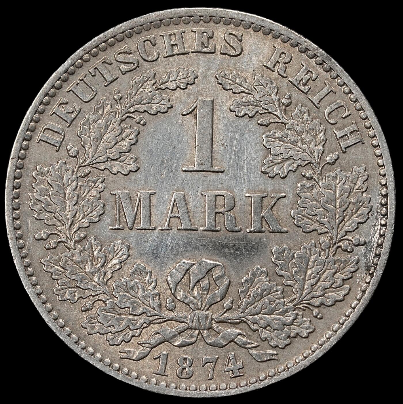 修遠堂世界钱币第一百期 1874年德国1马克银币 F厂铭，5.51g，含银90%