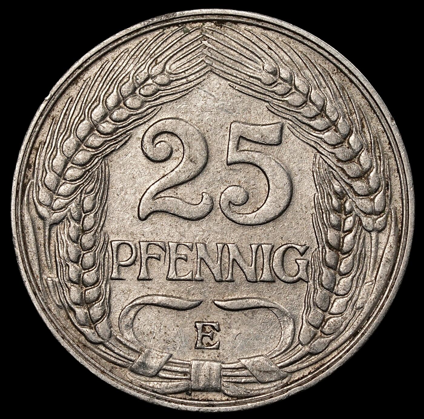 修遠堂世界钱币第一百期 1910年德国25芬尼 E厂铭，铜镍合金
