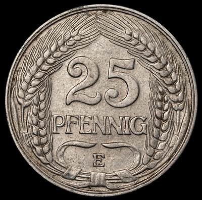 修遠堂世界钱币第一百期 - 1910年德国25芬尼 E厂铭，铜镍合金