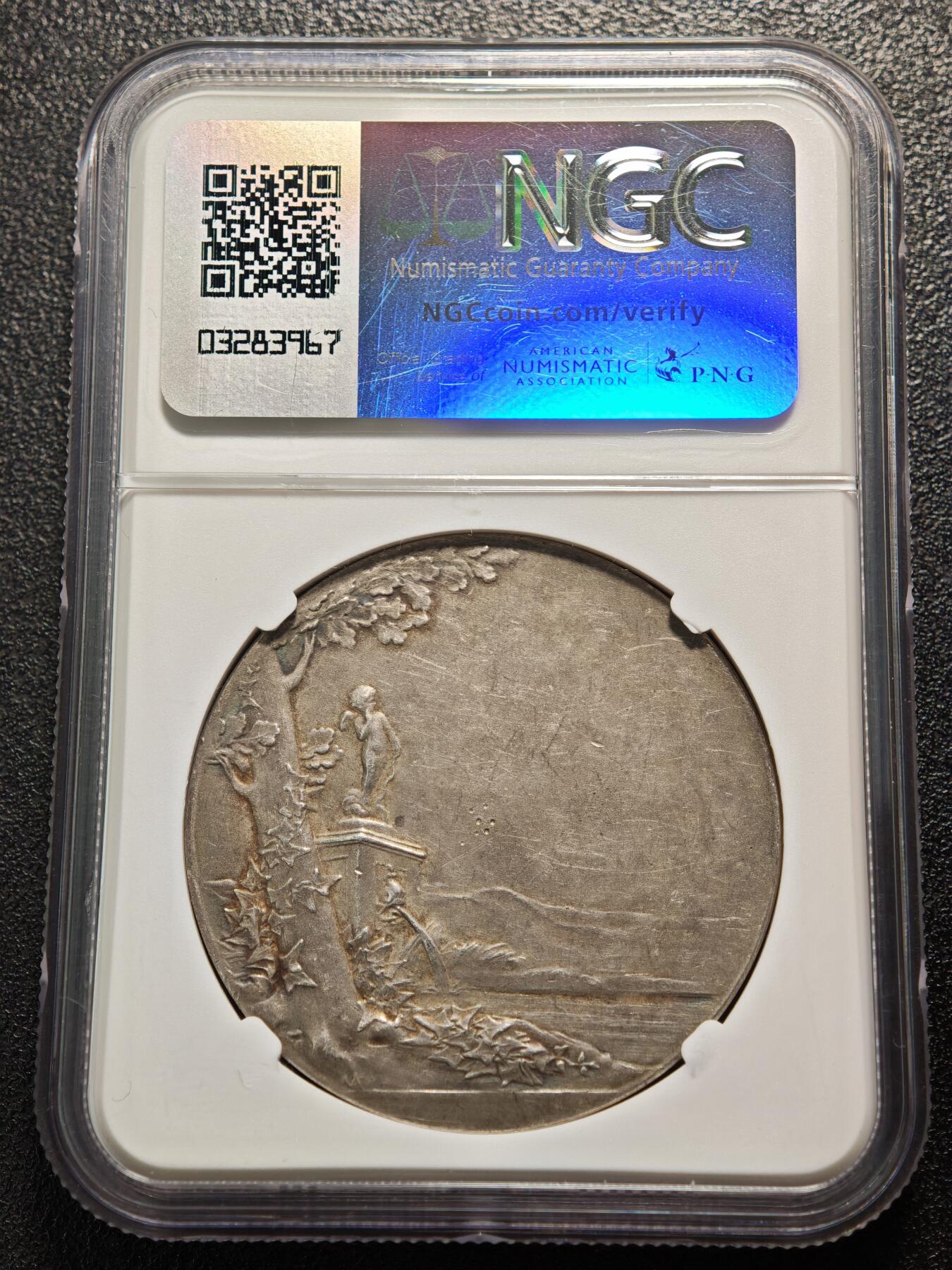 【德藏】世界币章拍卖第160期 1895年法国永恒的爱结婚纪念银章 名家罗蒂作品 NGC MS61 没有刻字 品相状态不错