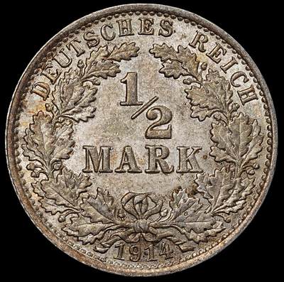修遠堂世界钱币第一百期 - 1914年德国1/2马克银币 A厂铭，未流通，2.77g，含银90%