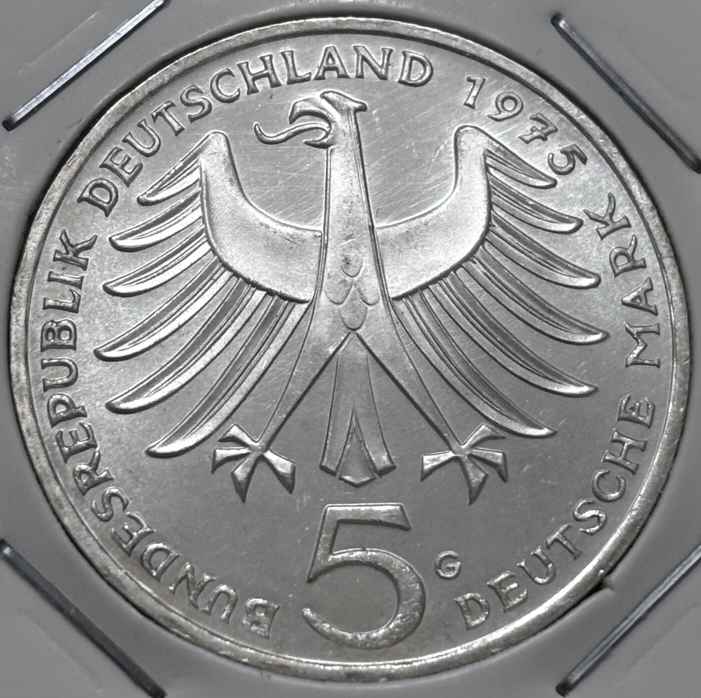 文馨钱币收藏 迎新纳福2026新年第一场（第 287 场）金银老铜币拍卖 原光品相 1975 年德国神算家阿尔伯特施韦策诞辰 100 周年 5 马克纪念银币 11.2 克 625 银，品相可评级