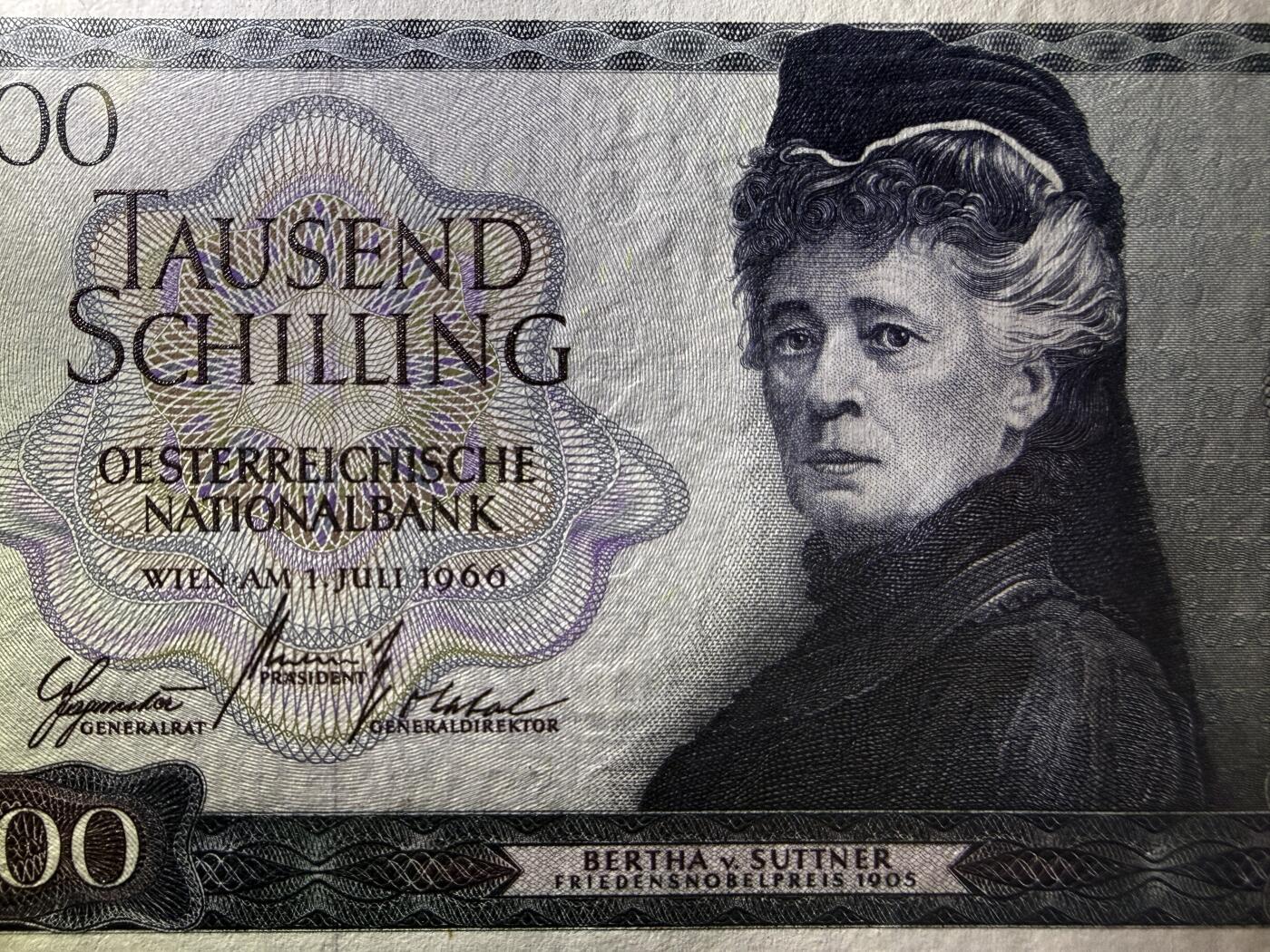 《艾美收藏》第227期-1.3周六外币黄金场-马年首拍 奥地利1000先令 UNC 1966年 奥地利女作家苏特纳 无4绝品