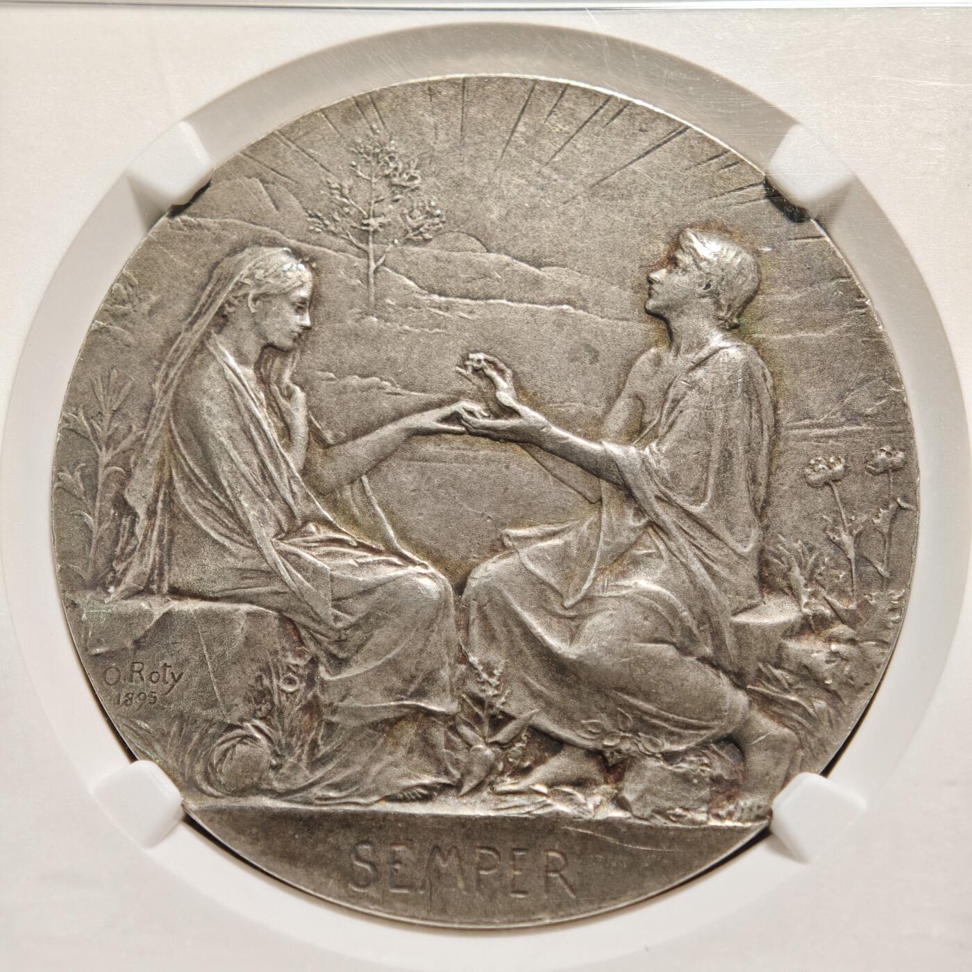 【德藏】世界币章拍卖第160期 1895年法国永恒的爱结婚纪念银章 名家罗蒂作品 NGC MS61 没有刻字 品相状态不错