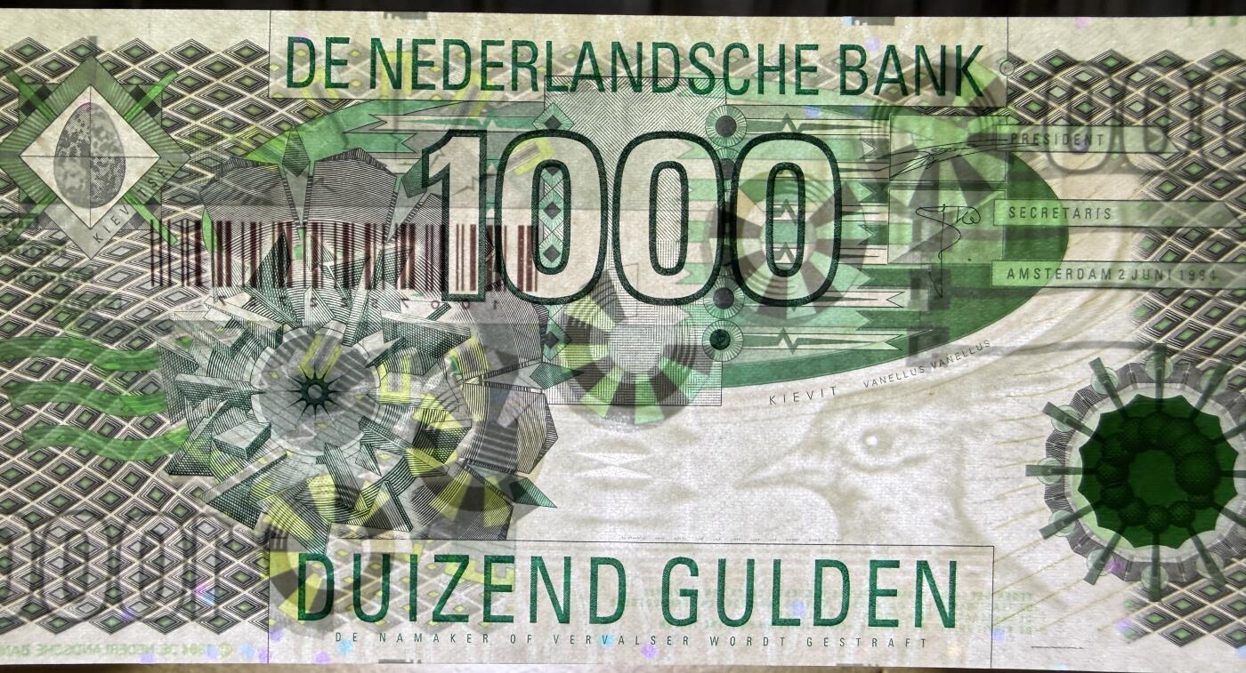 《艾美收藏》第227期-1.3周六外币黄金场-马年首拍 荷兰1000盾 UNC 1994年 齿轮版 边缘有道荧光 无4 汇率近4000元