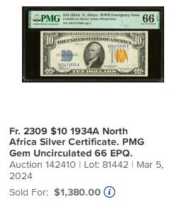 【Blue Auction】世界纸币精拍第771期——18级TOP拍卖/信誉/品质/专业/高效💫 【AA冠 亚军分少见 3509张评级中仅18张更高分 非常难得的品相】美国 1934年10美金 北非券 PMG66EPQ 此票是专门供二战时期驻欧洲和北非美军及盟国使用的美元钞票