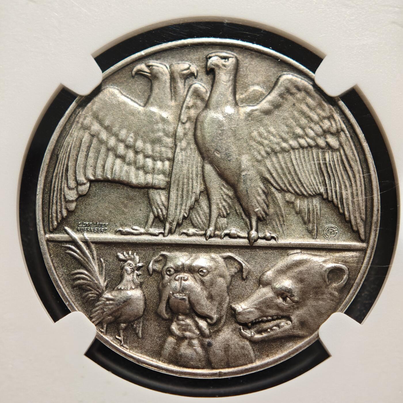 【德藏】世界币章拍卖第160期 1914年德国一战德奥同盟抵抗法国英国俄国纪念银章 NGC MS63 生动活泼 不同动物代表不同国家 寓意深远