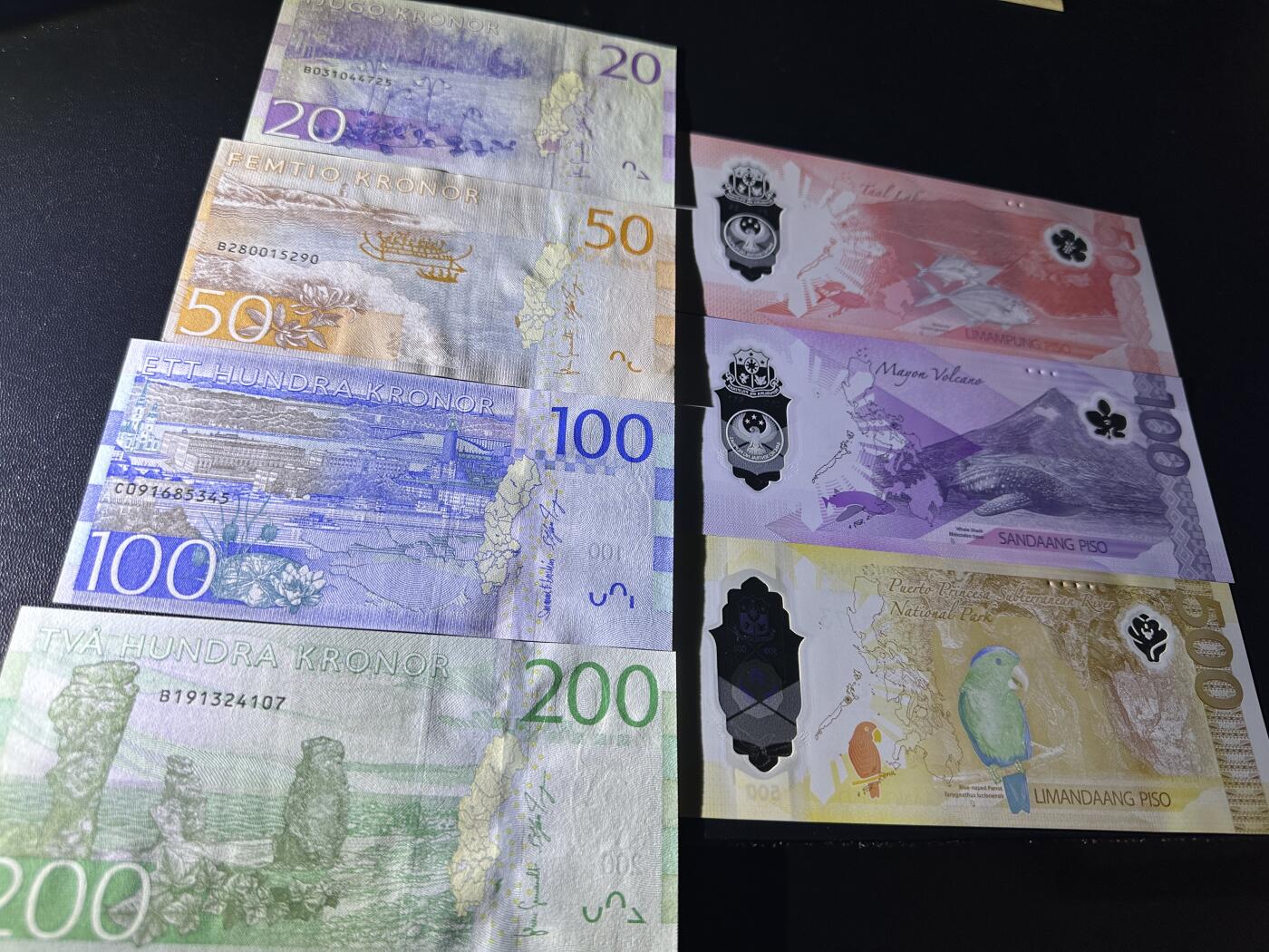 《外钞收藏家》第五百九十九期（畅拍场）（本平台长期征集拍品、欢迎藏友们联系合作） 瑞典最新版20-200克朗4张+菲律宾最新版50、100、500比索3张 一起 全新UNC