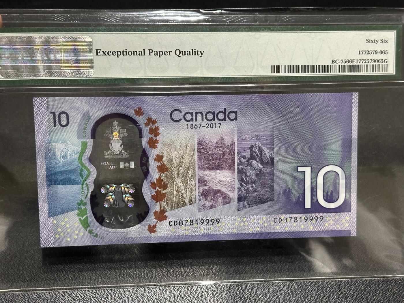 🎉🎉🎉《外钞收藏家》第六百期（年度庆典场）（本平台长期征集拍品、欢迎藏友们联系合作）❤️❤️❤️ 2017年加拿大10加元 纪念钞 PMG66 狮子号9999