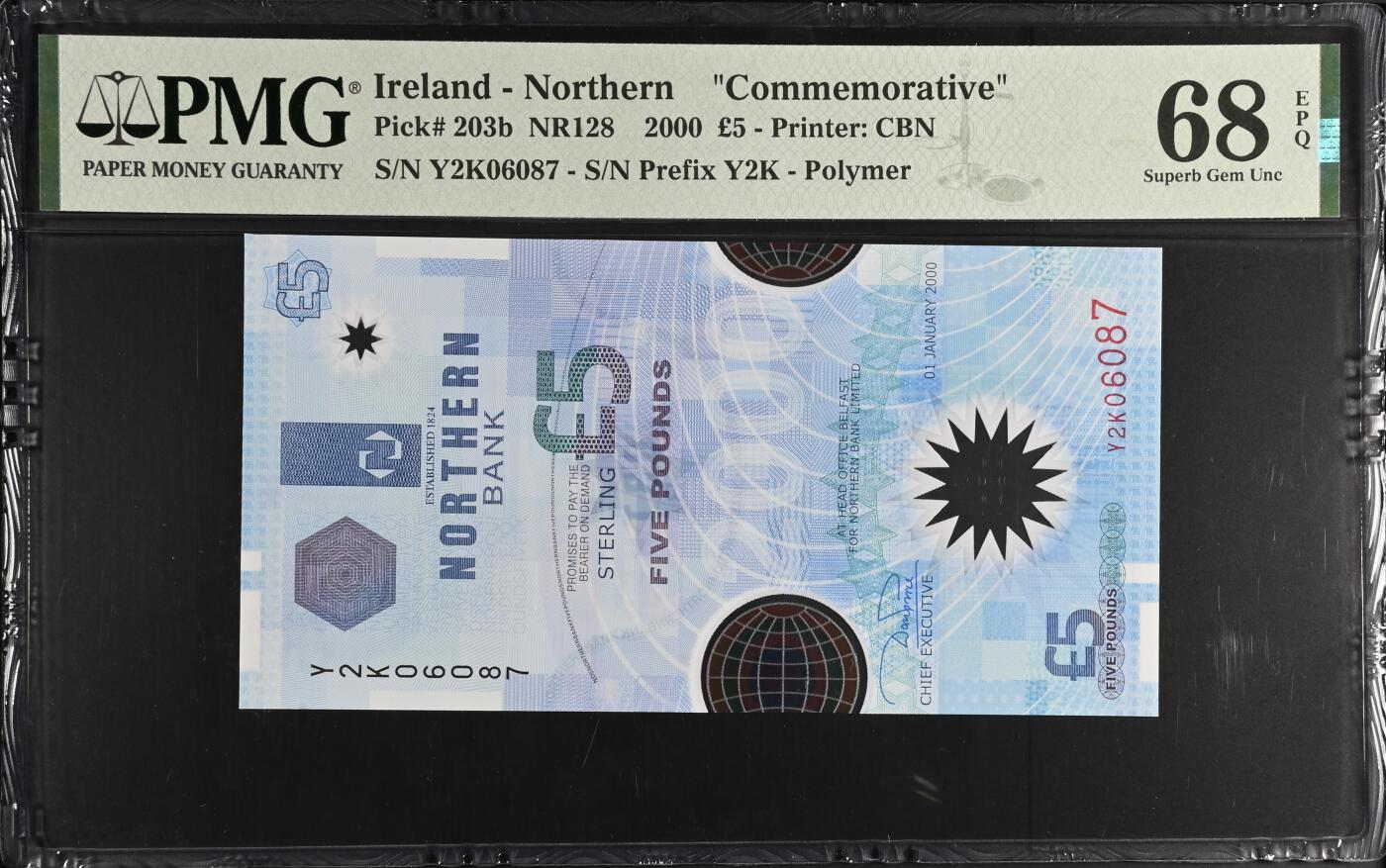 《艾美收藏》第227期-1.3周六外币黄金场-马年首拍 北爱尔兰北方银行2000年Y2K冠5镑PMG68E超高亚军分无4 冠军70分仅2张 千禧年塑料纪念钞 Pick#203b