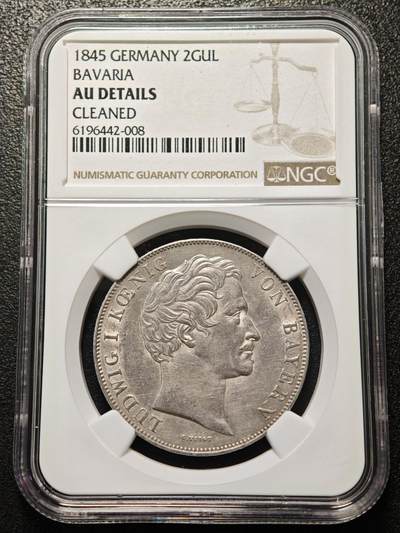 【德藏】世界币章拍卖第160期 - 1845年 德国巴伐利亚2盾双狮大银币 NGC AU 状态极佳 细节完美