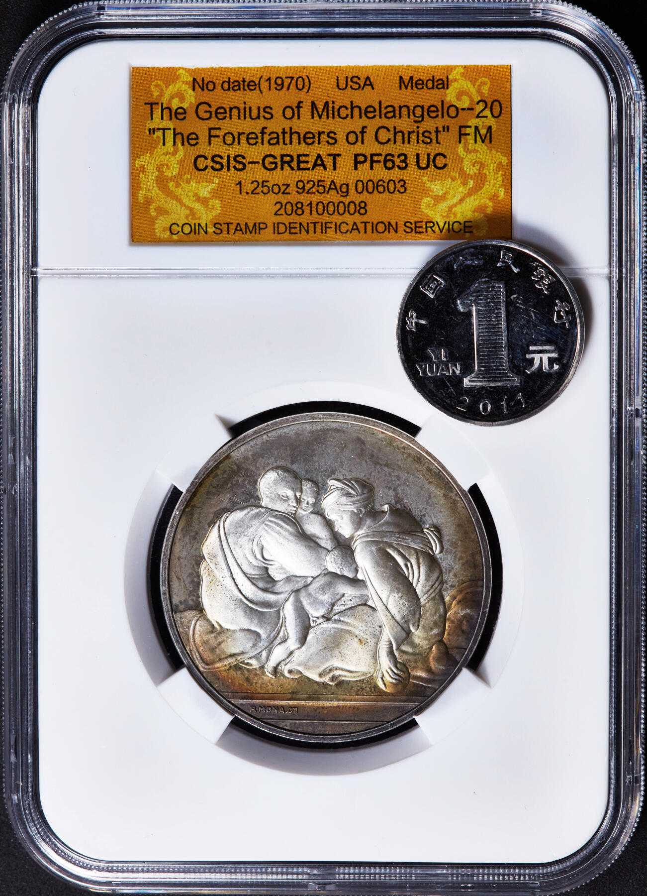 【俄甄集藏】2026年(046)01-07 星期三 晚 19:30 全场包邮 意大利1970年代浮雕复刻米开朗基罗《圣家族》雕塑宗教崇尚精制大银章，信泰 PF63UC，原味包浆，重1.25盎司，92.5%银，标签错误