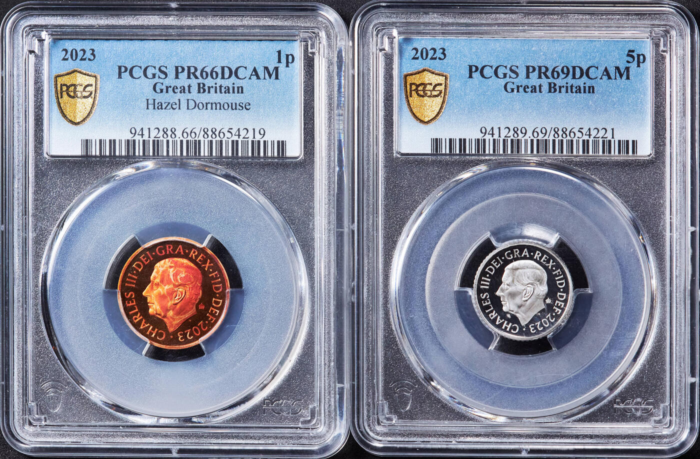 【俄甄集藏】2026年(046)01-07 星期三 晚 19:30 全场包邮 英国2023年查理三世1便士-20便士动植物精制硬币4枚一组，PCGS PR66-PR69DC，设计精美