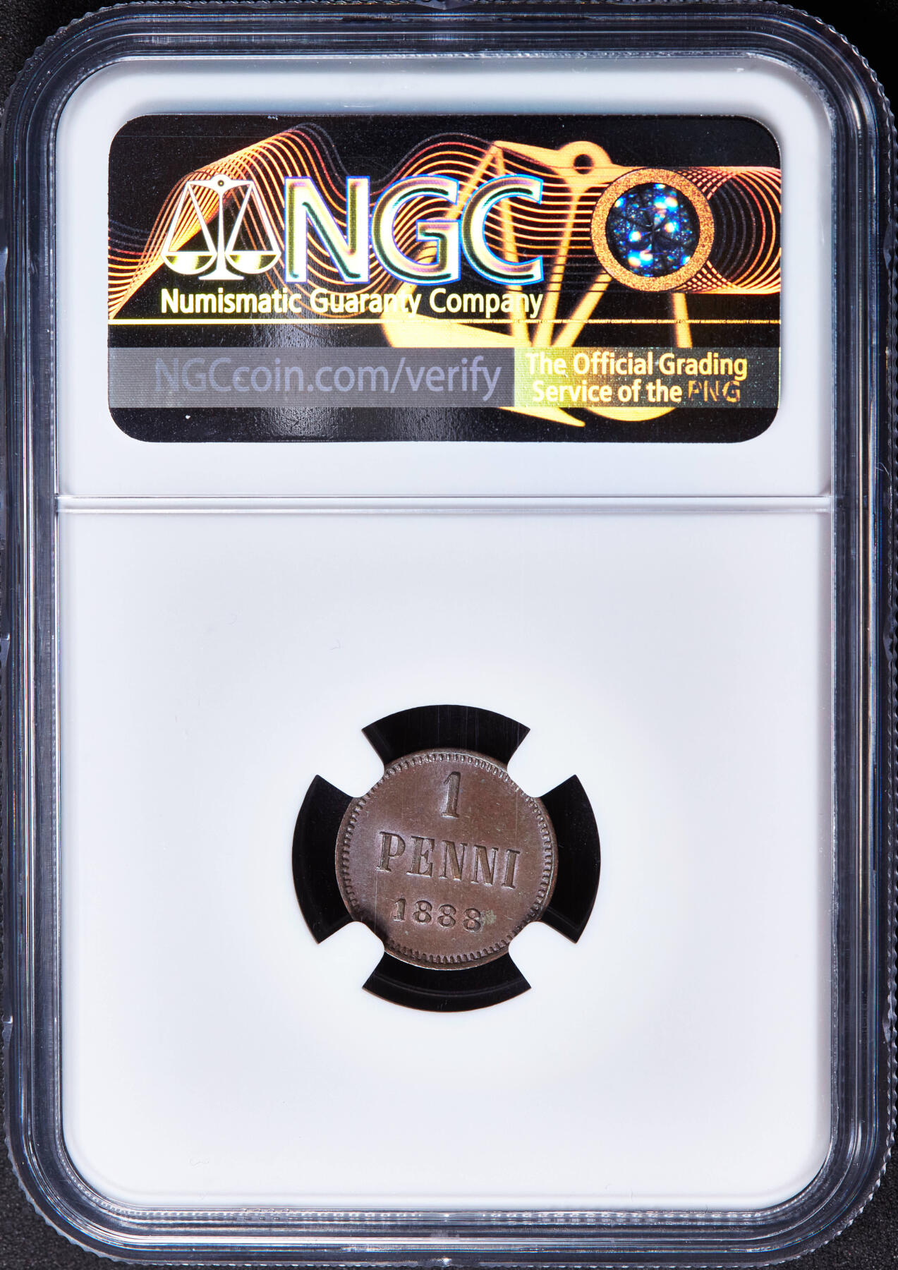 【俄甄集藏】2026年(046)01-07 星期三 晚 19:30 全场包邮 俄属芬兰1888年亚历山大三世1盆尼铜币，NGC MS62，巧克力包浆，转光品相