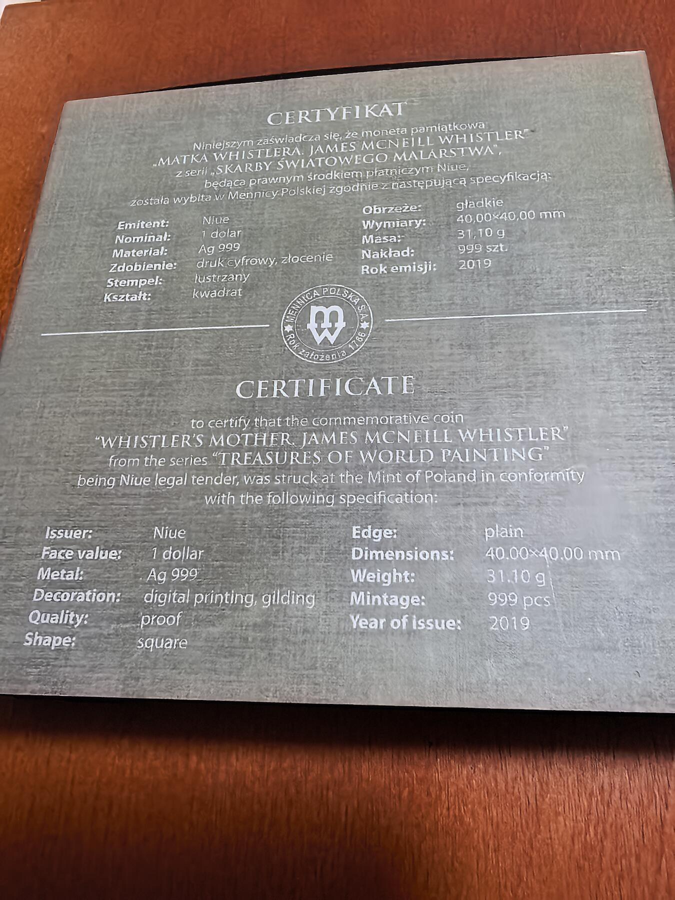 长老汇蛇年精选第九十一场拍卖  2019纽埃名画魏思勒的母亲1元彩色方形精制银币，盒证全，市场价750元