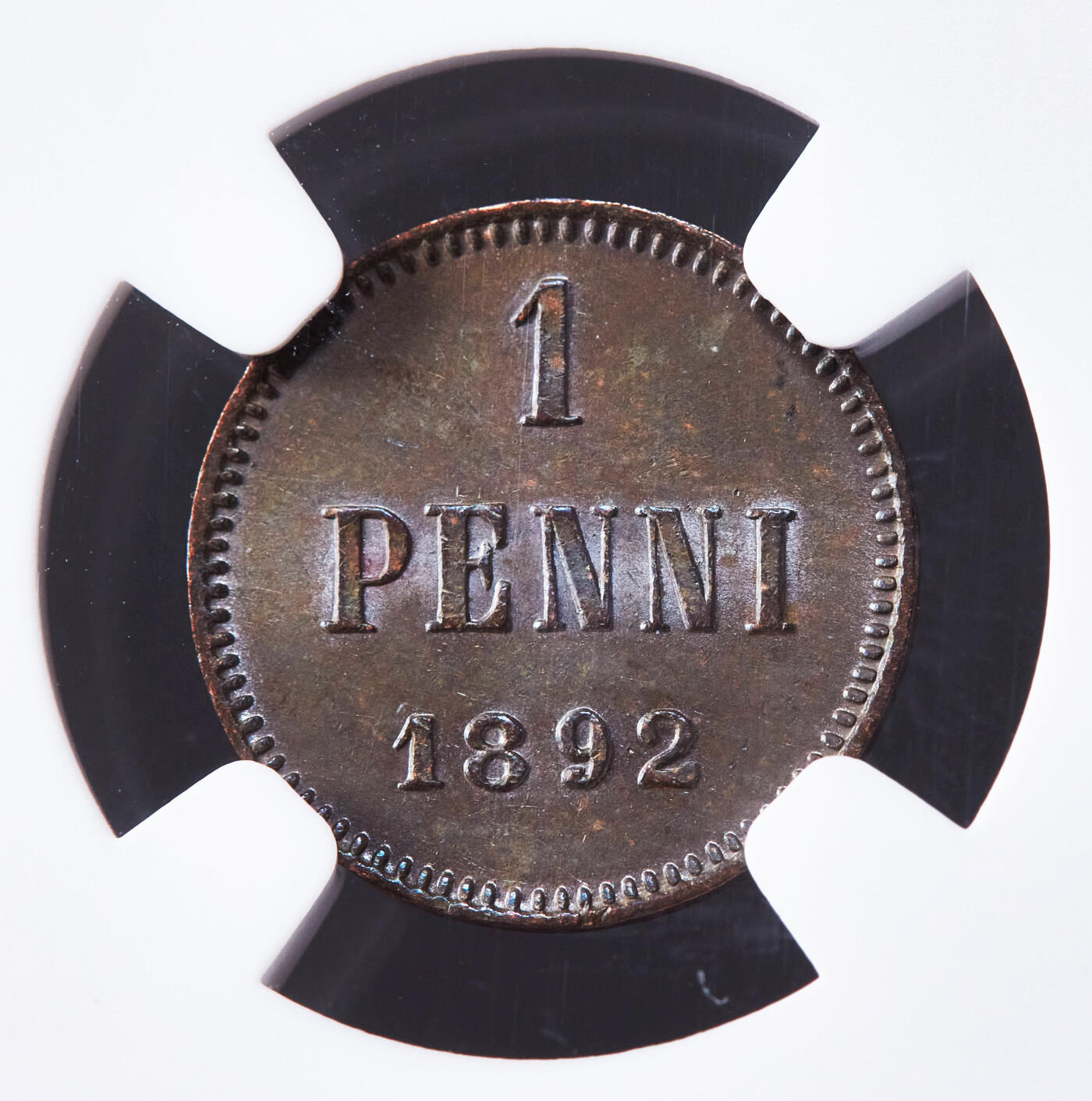 【俄甄集藏】2026年(046)01-07 星期三 晚 19:30 全场包邮 俄属芬兰1891年亚历山大三世1盆尼铜币，NGC AU58，巧克力包浆，转光品相