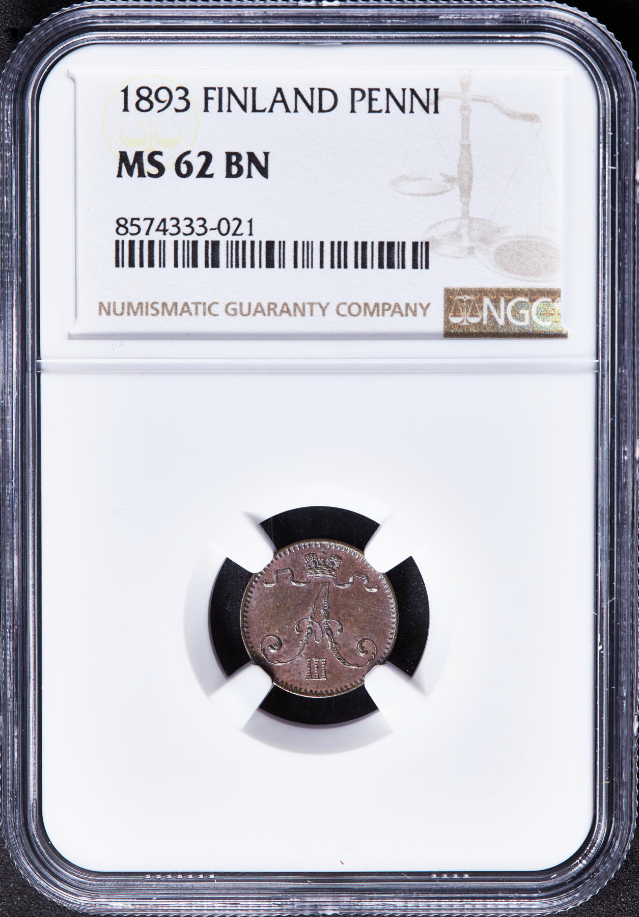 【俄甄集藏】2026年(046)01-07 星期三 晚 19:30 全场包邮 俄属芬兰1893年亚历山大三世1盆尼铜币，NGC MS62，巧克力包浆，转光品相