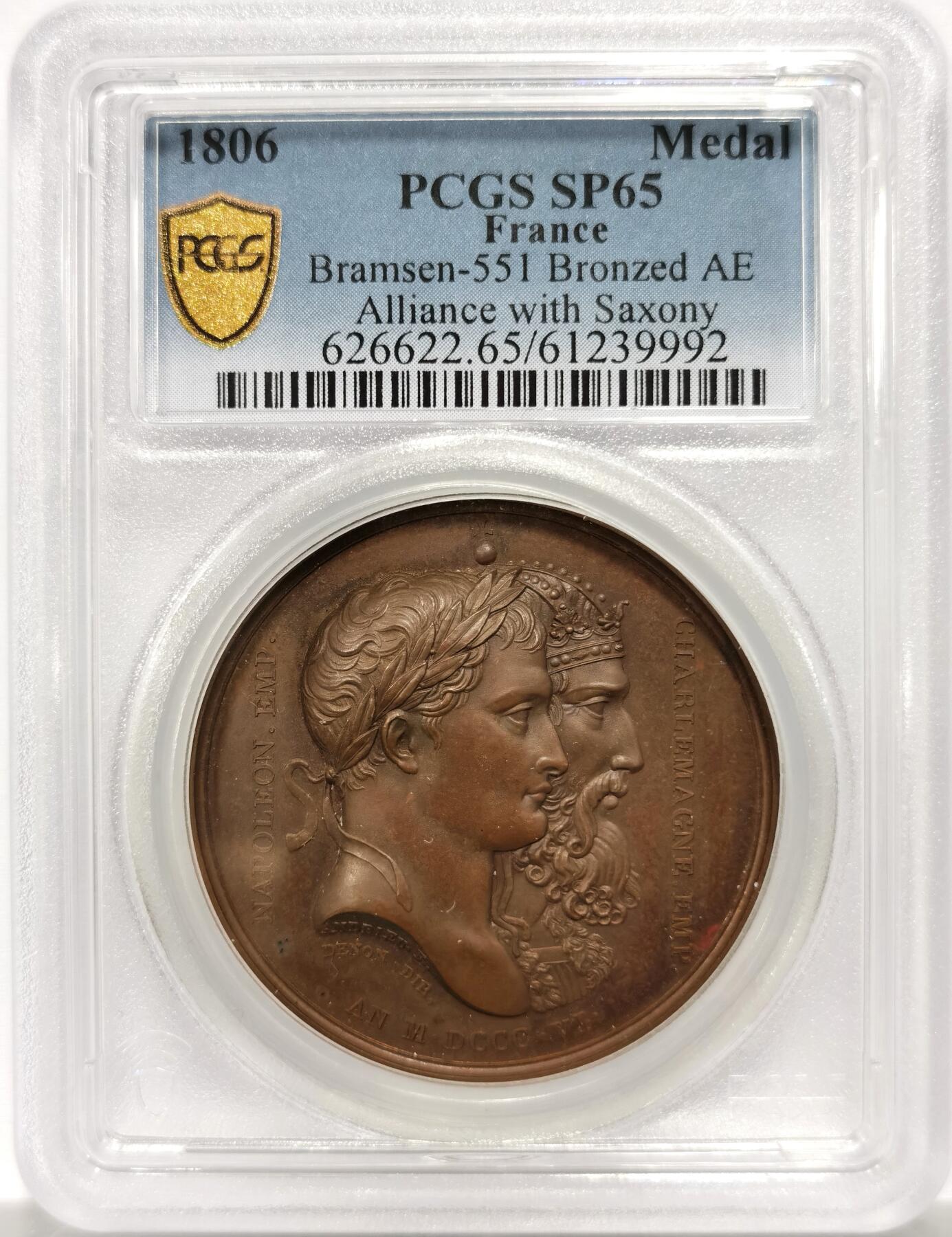 博洋堂“岁启嘉年”2026新年精品大拍专场暨第155期（全场包邮） PCGS SP65 冠军分！法国1806年拿破仑一世结盟萨克森原铸铜章 巴黎造币厂完美巧克力包浆 稀少珍贵品种 正面拿破仑和查理曼大帝的并肩半身像 背面萨克森圣人维杜金德和带领神罗走向顶峰红胡子腓特烈一世 暗喻拿破仑要做查理曼大帝的继承人 是罗马正统 全欧洲的皇帝 拿章纯人像题材极为稀少