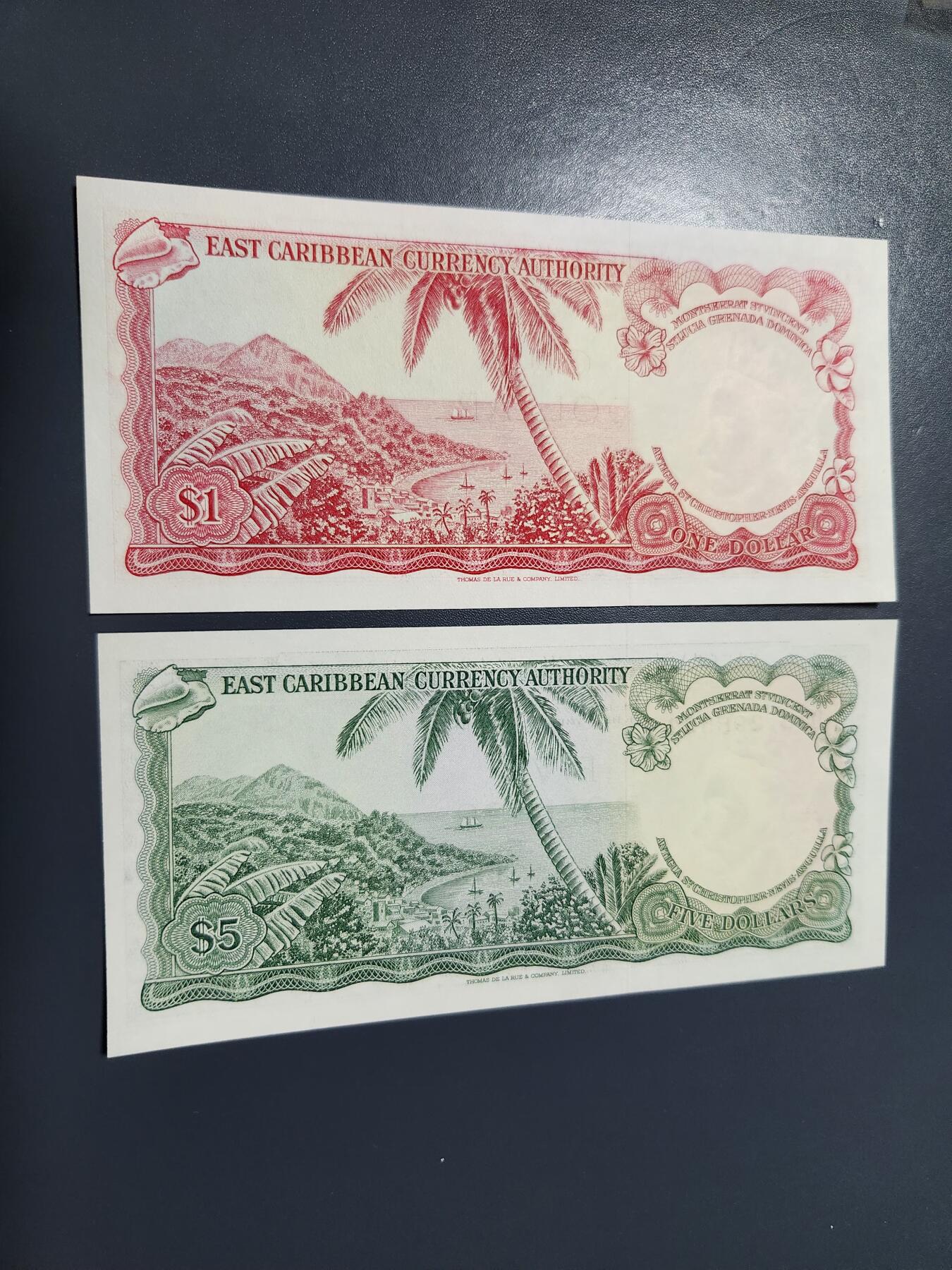 1月2号晚上8点 外国纸币自动截拍第78场 东加勒比 1965年1点- 5元 一对 全新UNC A安提瓜