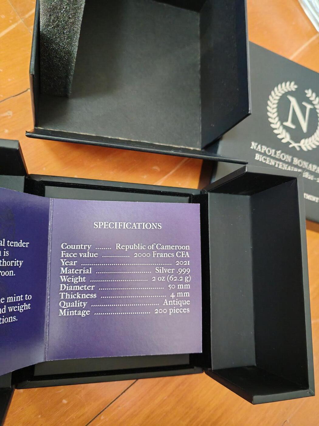 长老汇蛇年精选第九十一场拍卖 获奖币！2021喀麦隆拿破仑2000法郎仿古银币，2盎司999银，盒证全，200枚