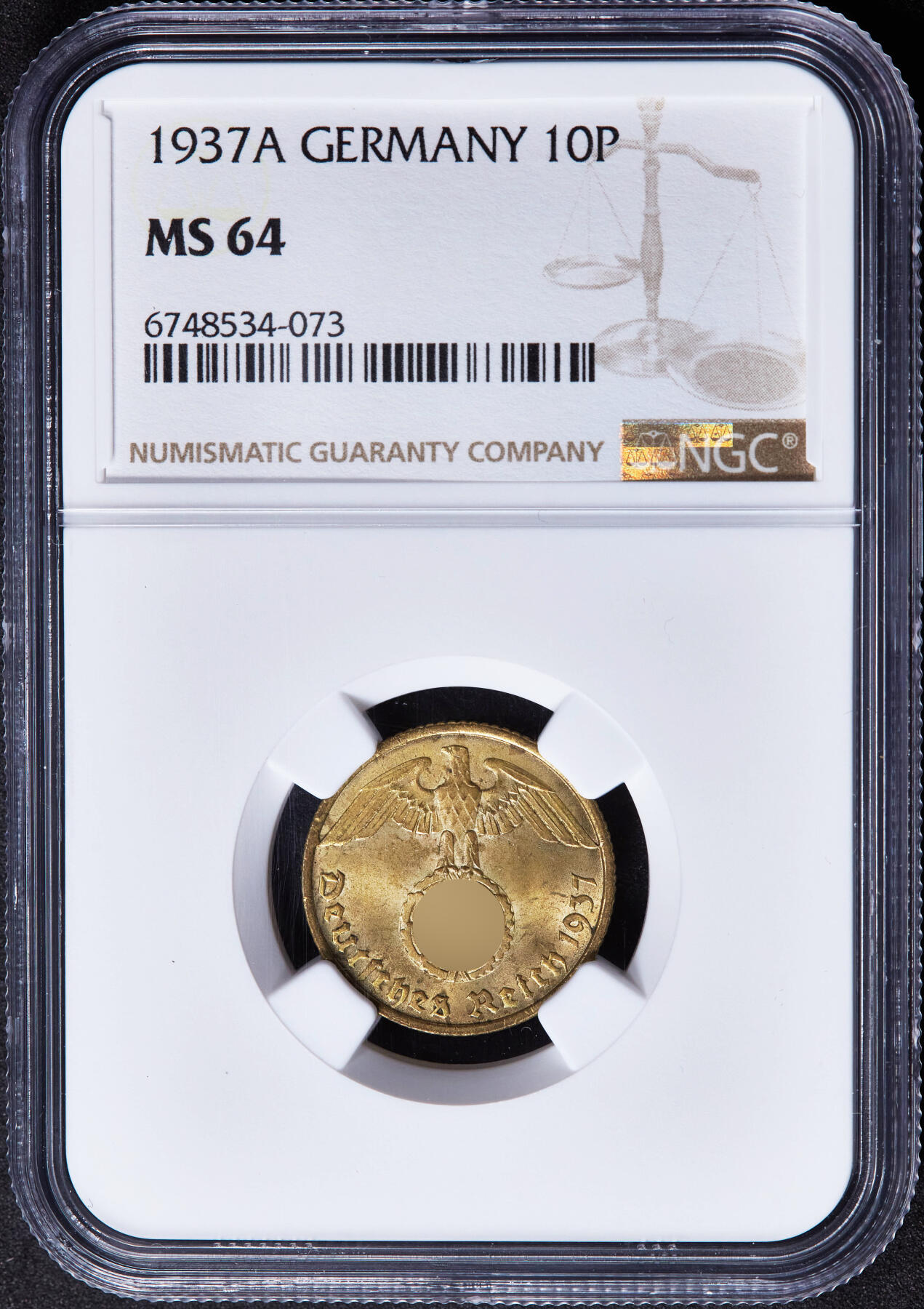 【俄甄集藏】2026年(046)01-07 星期三 晚 19:30 全场包邮 德国第三帝国1937年A版10芬尼铜币，NGC MS64，转光品相，原图联系客服或者查询相关官网查看1