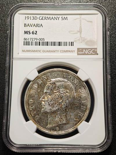【德藏】世界币章拍卖第160期 - 1913年 德国巴伐利亚奥托5马克大银币 NGC MS62 五彩包浆