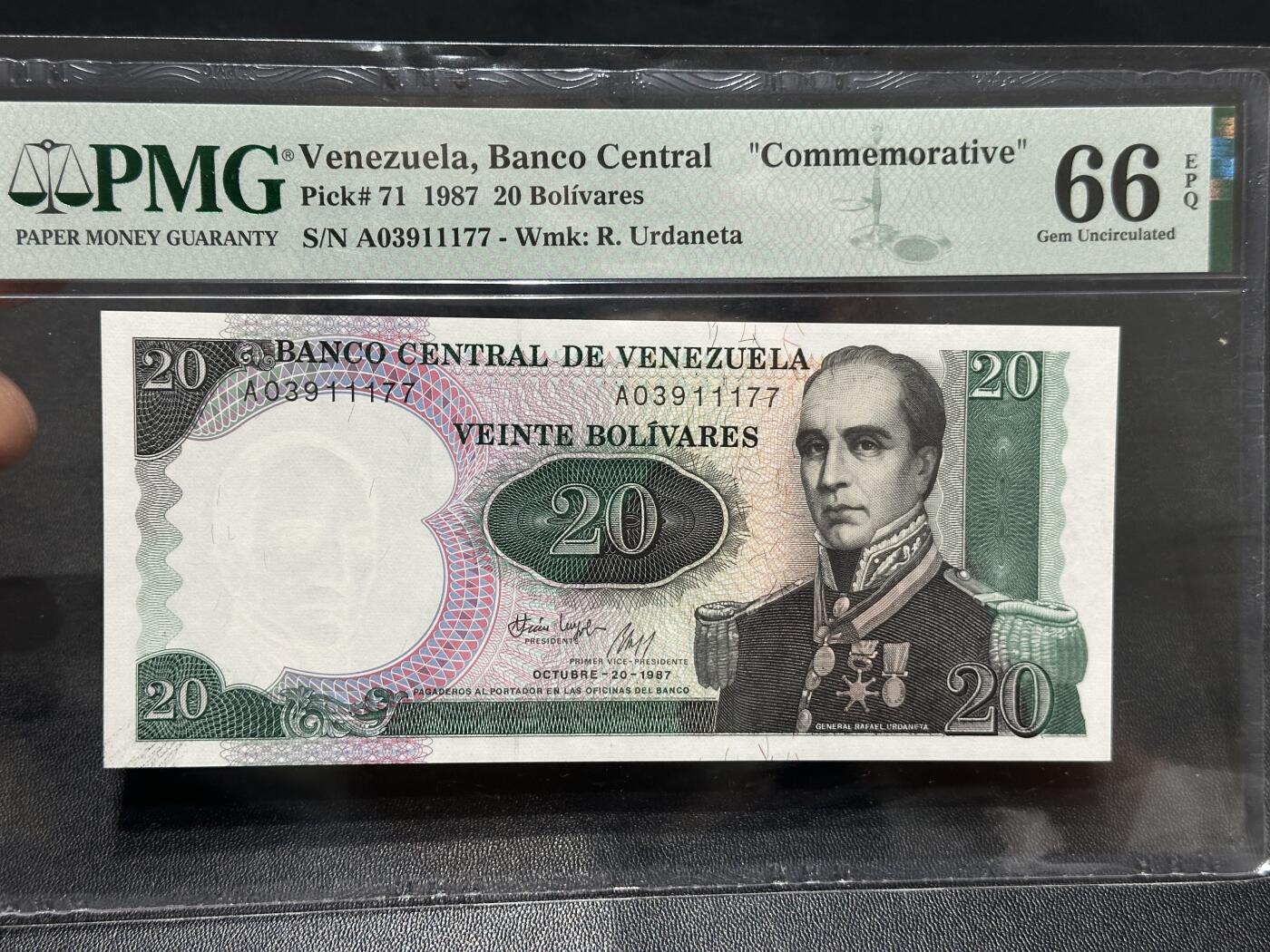 🎉🎉🎉《外钞收藏家》第六百期（年度庆典场）（本平台长期征集拍品、欢迎藏友们联系合作）❤️❤️❤️ 1987年委内瑞拉20玻利瓦尔 纪念钞 PMG66 A冠靓号