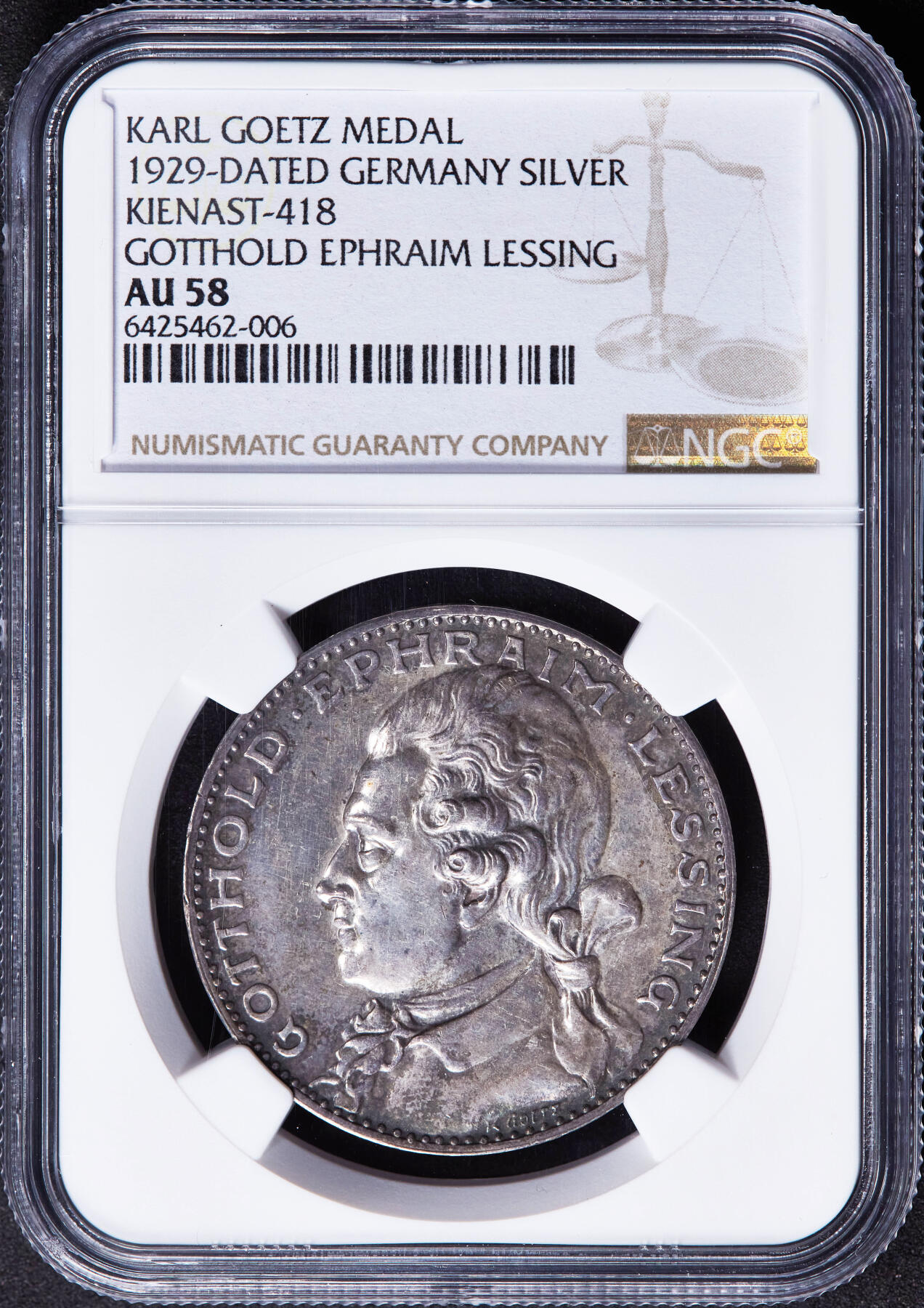 【俄甄集藏】2026年(046)01-07 星期三 晚 19:30 全场包邮 德国魏玛1929年纪念作家莱辛诞辰200周年银章，NGC AU58，黄油酱彩老包浆，卡尔·哥茨作品，类精制底板，名誉品种
