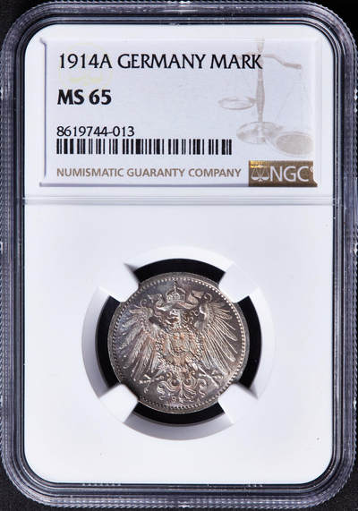 【俄甄集藏】2026年(046)01-07 星期三 晚 19:30 全场包邮 - 德国1914年威廉二世A版1马克银币，NGC MS65，五彩环彩包浆，转光品相，底板凝霜
