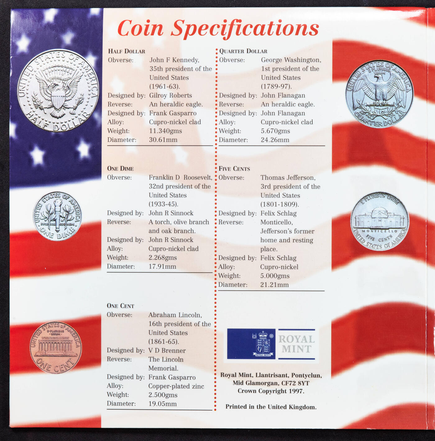 【俄甄集藏】2026年(046)01-07 星期三 晚 19:30 全场包邮 美国1997年费城造币厂1分-半元册装硬币6枚套，全新品相