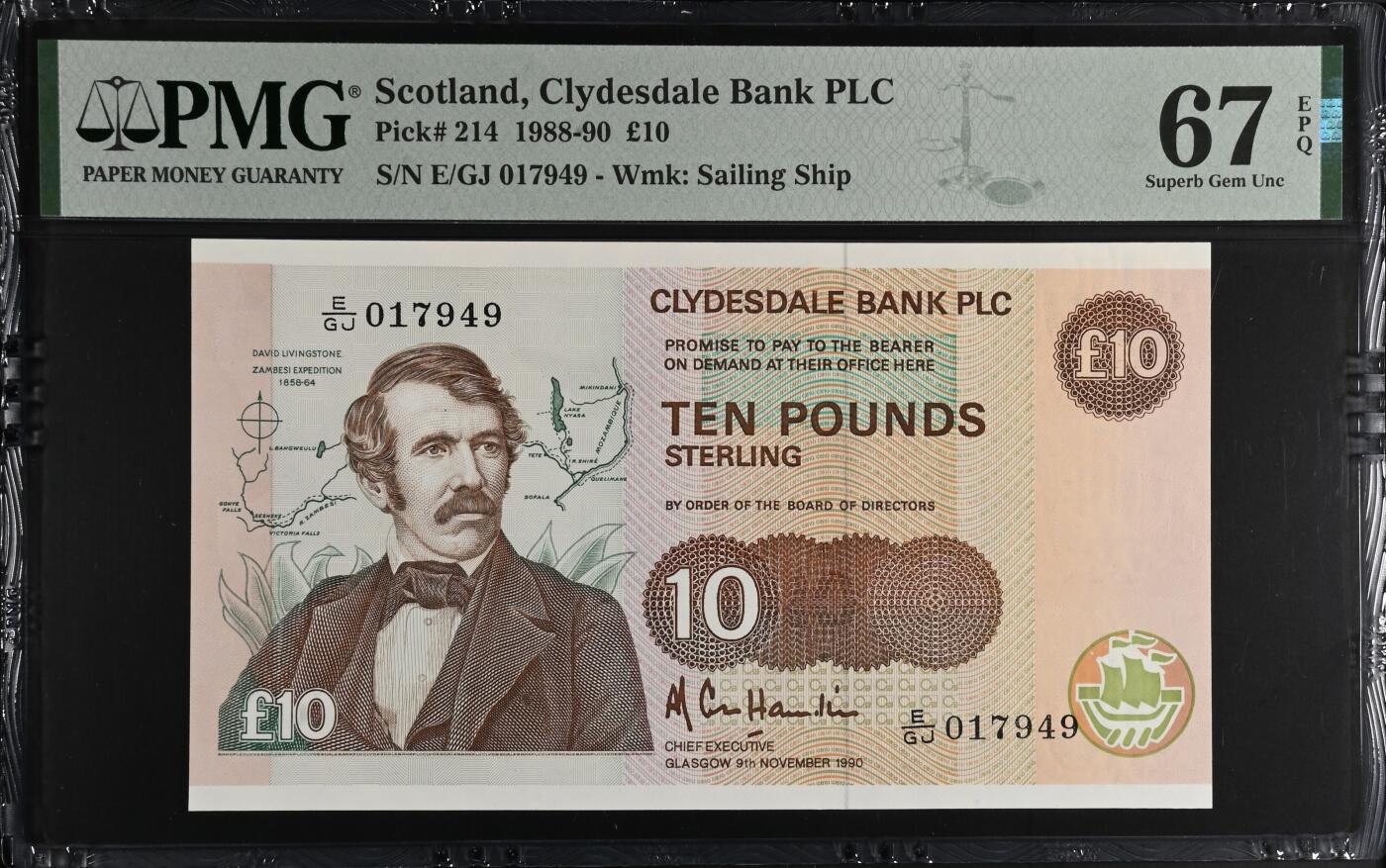 《艾美收藏》第227期-1.3周六外币黄金场-马年首拍 苏格兰克莱斯戴尔银行1990年10镑PMG67E亚军分 冠军68分仅2张 英国探险家大卫·利文斯通 Pick#214