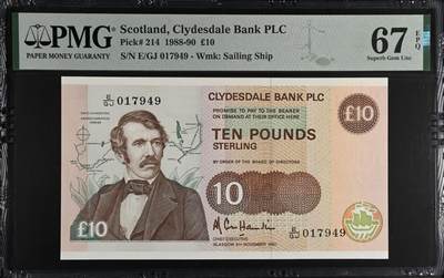 《艾美收藏》第227期-1.3周六外币黄金场-马年首拍 - 苏格兰克莱斯戴尔银行1990年10镑PMG67E亚军分 冠军68分仅2张 英国探险家大卫·利文斯通 Pick#214