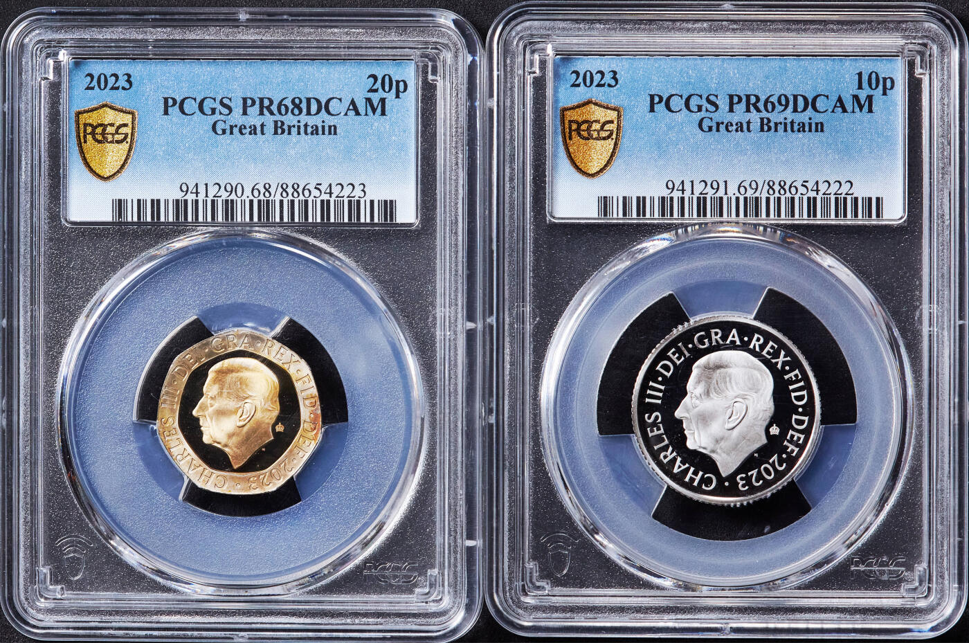 【俄甄集藏】2026年(046)01-07 星期三 晚 19:30 全场包邮 英国2023年查理三世1便士-20便士动植物精制硬币4枚一组，PCGS PR66-PR69DC，设计精美