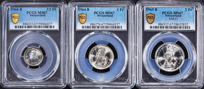 【俄甄集藏】2026年(046)01-07 星期三 晚 19:30 全场包邮 - 瑞士1964-1966年1/2、1、2法郎银币高分3枚一组，PCGS MS67，顶级转光品相