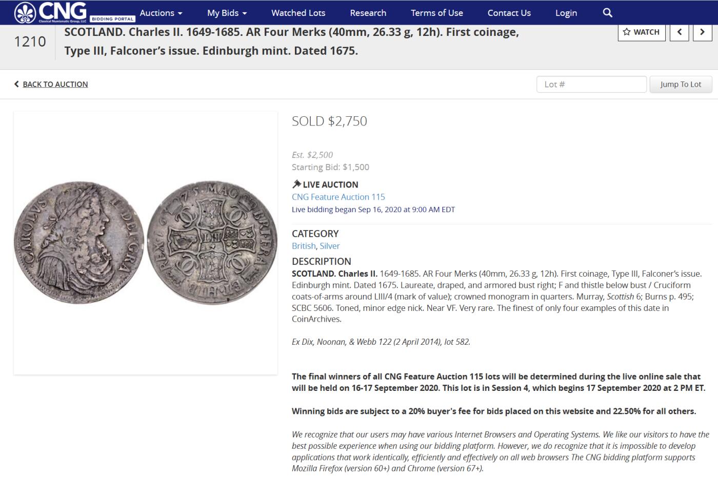 博洋堂“岁启嘉年”2026新年精品大拍专场暨第155期（全场包邮） NGC VF35 苏格兰王国1675年查理二世4马克银币，40mm/26.33g，爱丁堡制。该年份4马克在国际拍卖中仅见4枚记录，而本枚为状态最佳的冠军级，国内目前仅此一枚，麦稀奇首见品种。早年以裸币状态于CNG购入，含佣成交价约3300美元（2.4万），完整留存当时拍卖与成交记录，来源清晰。尺寸接近克朗级，大版面，王像戎装清晰，盾徽饱满，上手存在感非常强，远非普通英国银币可比。