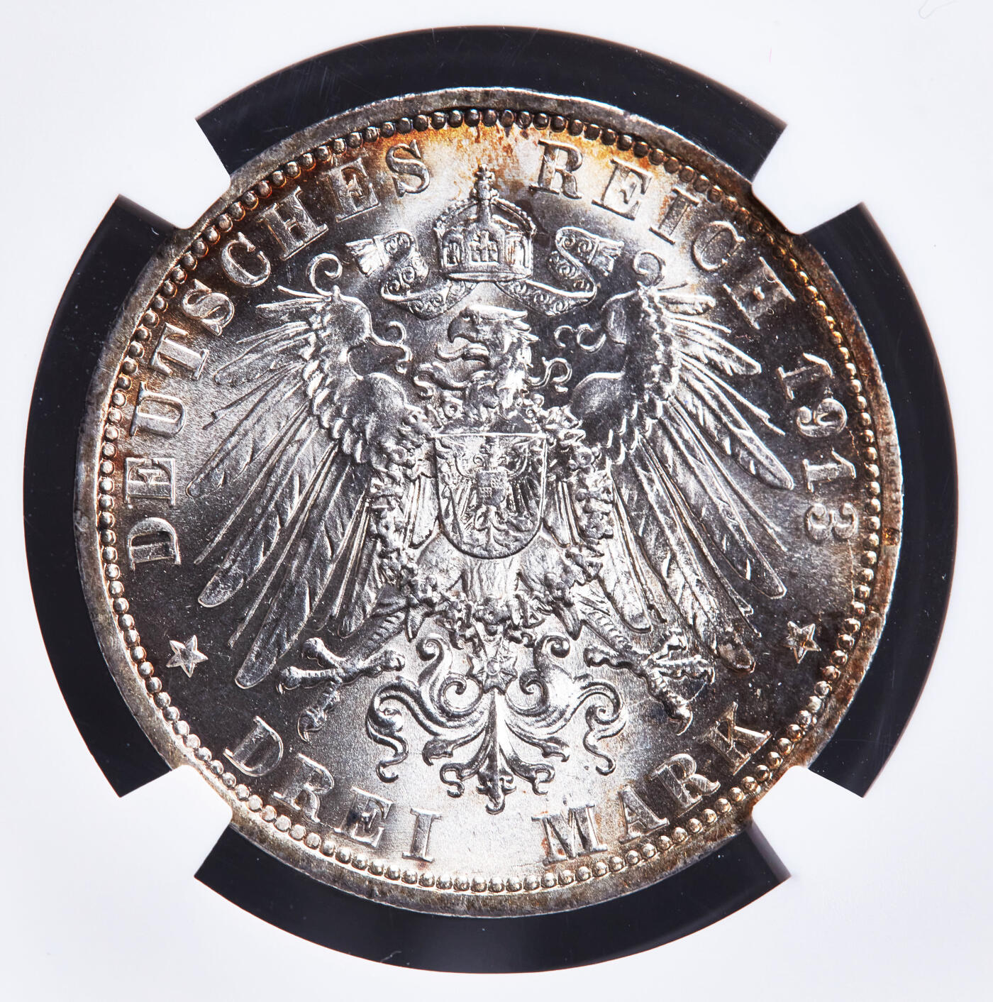 【俄甄集藏】2026年(046)01-07 星期三 晚 19:30 全场包邮 德国普鲁士1913年A版威廉二世军装3马克银币，NGC MS61，黄油环彩包浆，转光品相