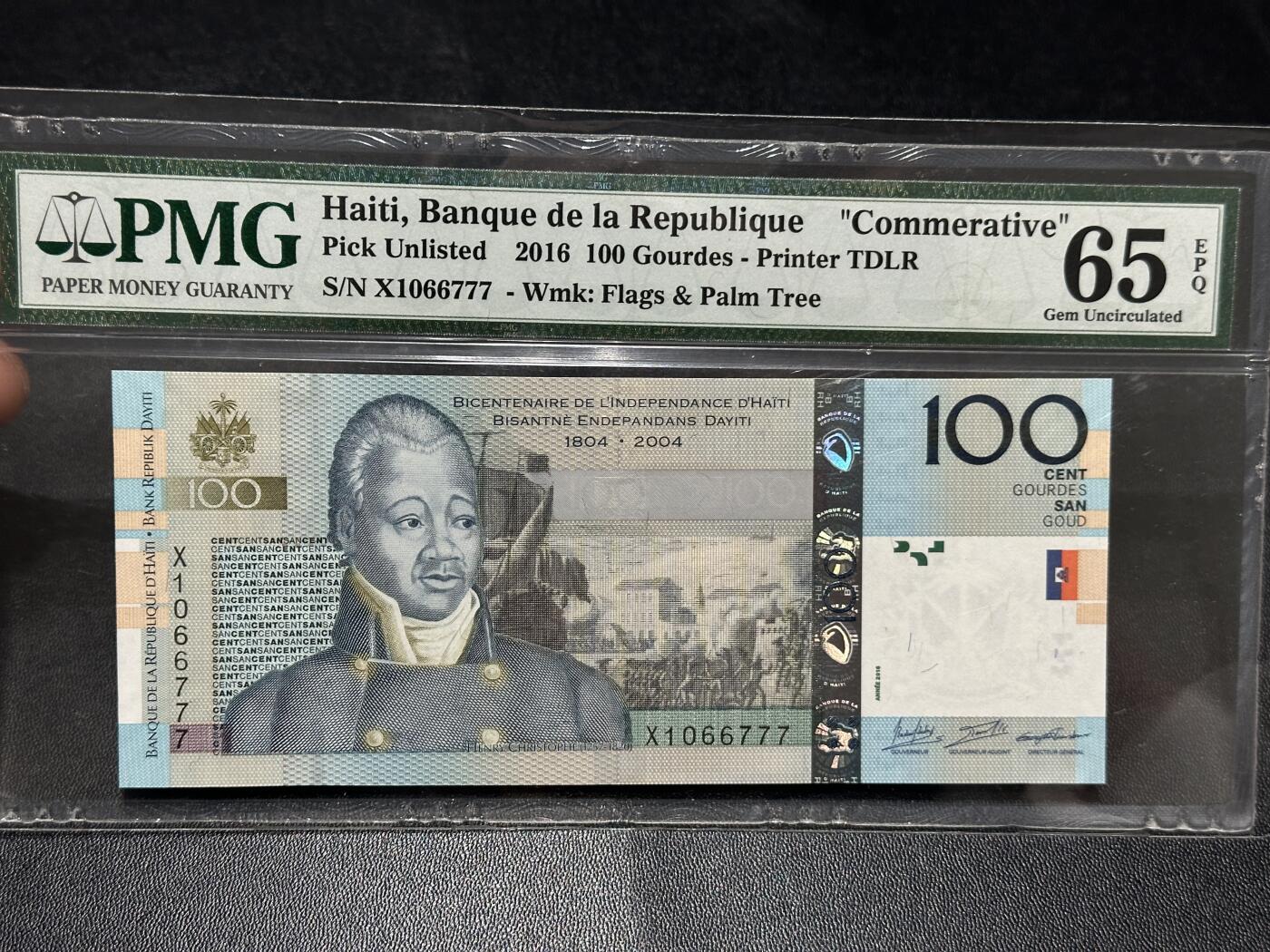 🎉🎉🎉《外钞收藏家》第六百期（年度庆典场）（本平台长期征集拍品、欢迎藏友们联系合作）❤️❤️❤️ 2016年海地100纪念钞 PMG66 豹子号777